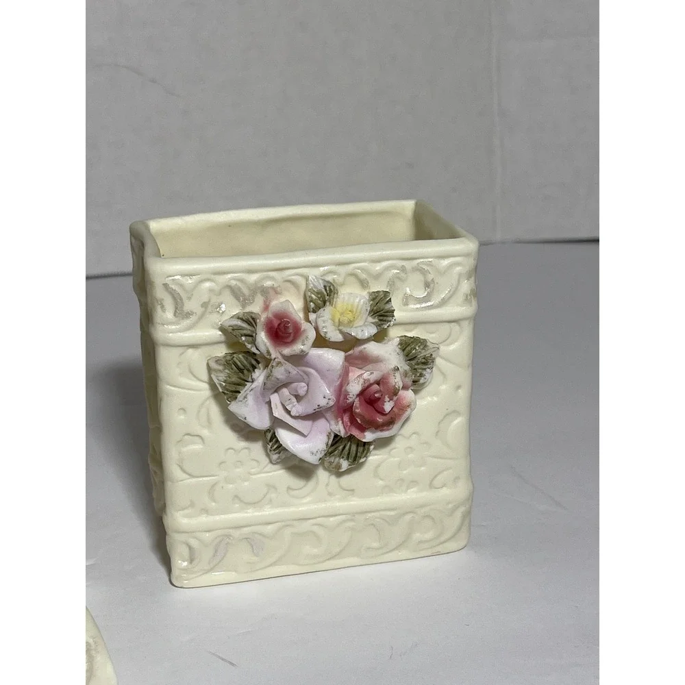 Vintage 90s Ceramic Vanity Set Cottagecore Heart Vase Trinket Box Brush Holder
